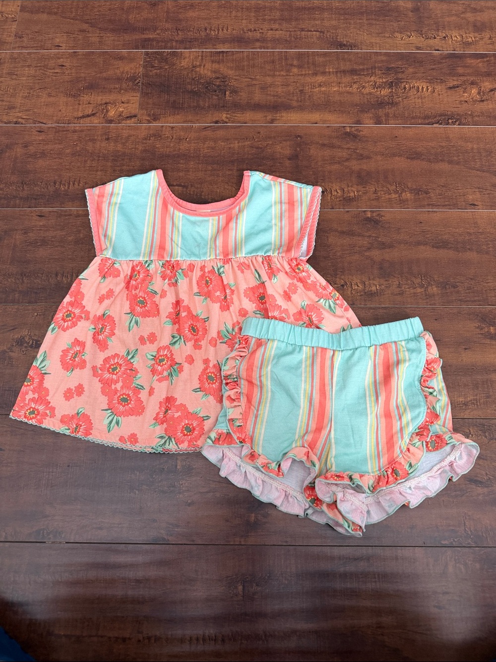 Girls Coral Floral & Aqua Stripe Two-Piece Set - Kids Accessories
